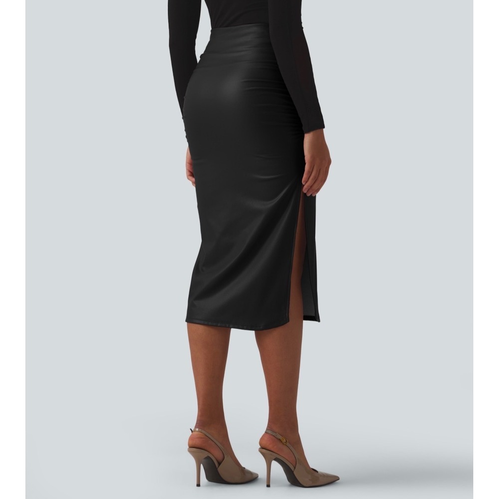 Halara Black Faux Leather Ruched Midi Skirt High Waist Fleece Lined 2-in-1 XS